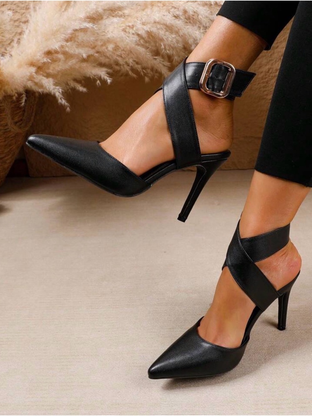 NEW Women's Black Pointed Toe Crisscross Ankle Strap Heels
